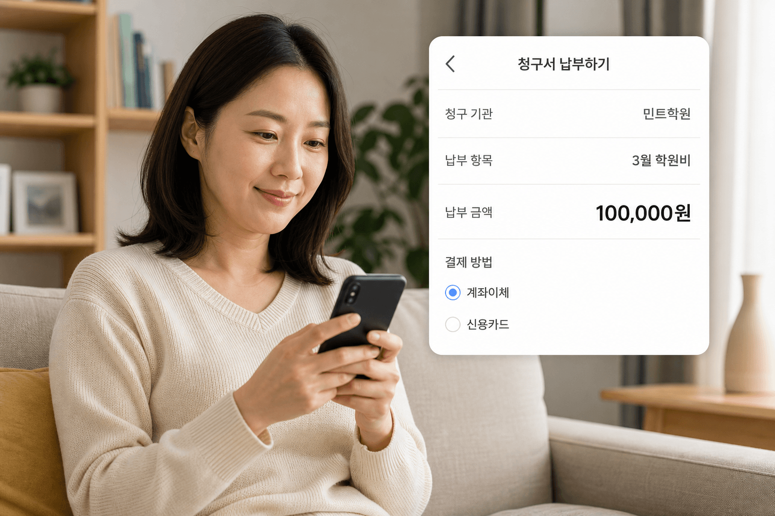 집에서 수강료 결제하는 화면